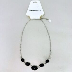 Liz Claiborne Oval Cabochon Link Necklace Silver Tone Navy Blue Nautical Beachy
